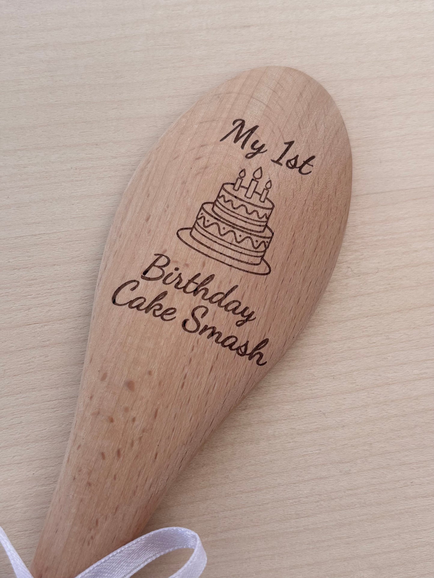 First Birthday Cake Smash Wooden Spoon | Engraved Keepsake with Ribbon โ Pink, Purple, Green or Blue