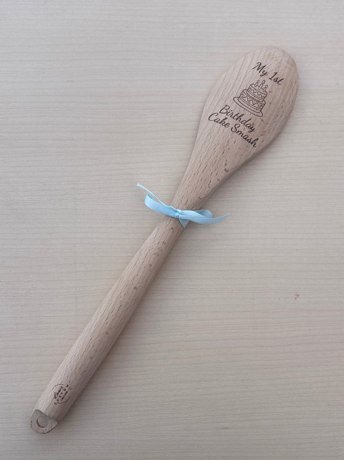 First Birthday Cake Smash Wooden Spoon | Engraved Keepsake with Ribbon โ Pink, Purple, Green or Blue