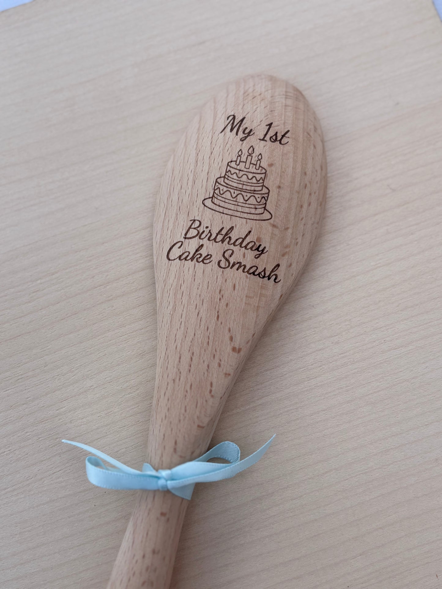 First Birthday Cake Smash Wooden Spoon | Engraved Keepsake with Ribbon โ Pink, Purple, Green or Blue
