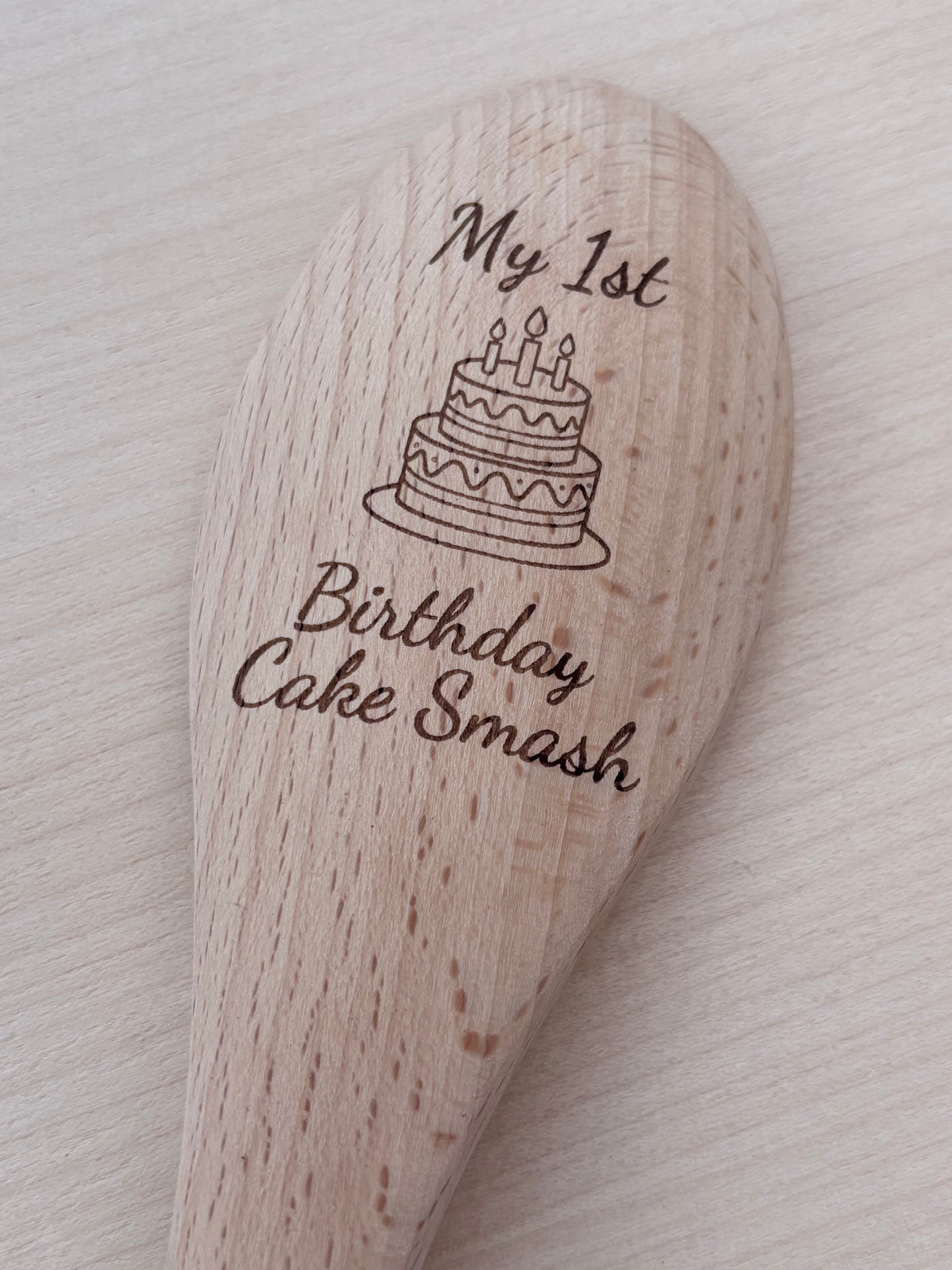 First Birthday Cake Smash Wooden Spoon | Engraved Keepsake with Ribbon โ Pink, Purple, Green or Blue