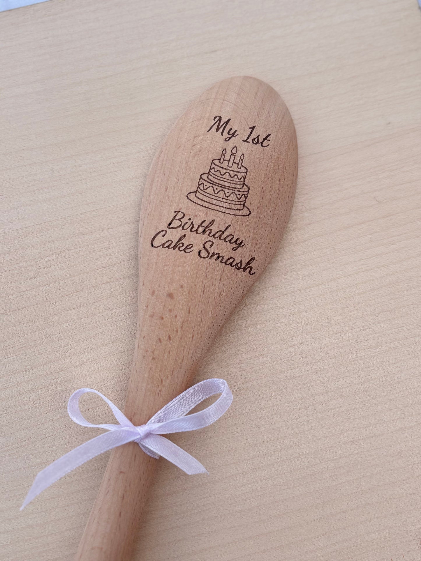 First Birthday Cake Smash Wooden Spoon | Engraved Keepsake with Ribbon โ Pink, Purple, Green or Blue