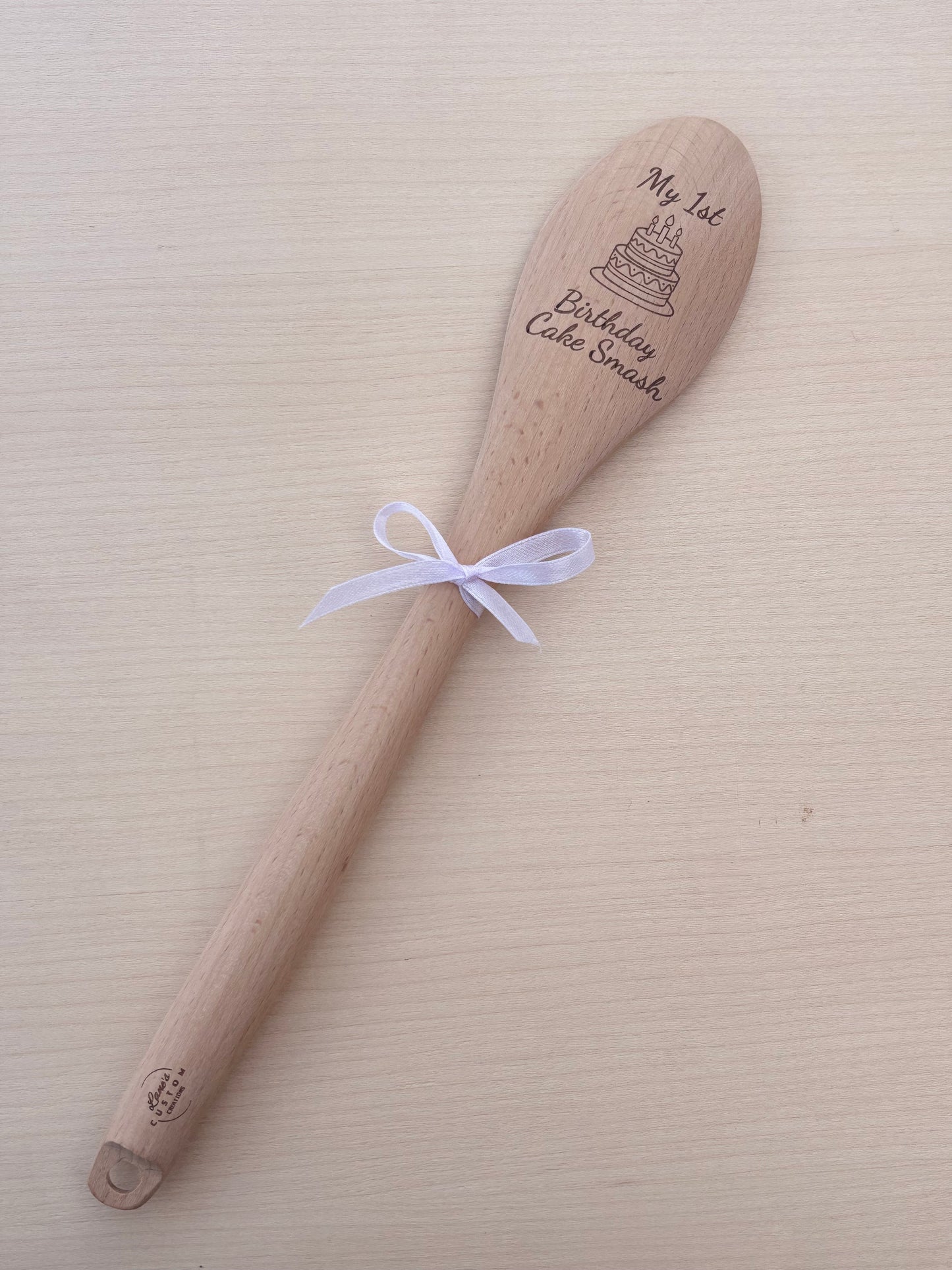 First Birthday Cake Smash Wooden Spoon | Engraved Keepsake with Ribbon โ Pink, Purple, Green or Blue