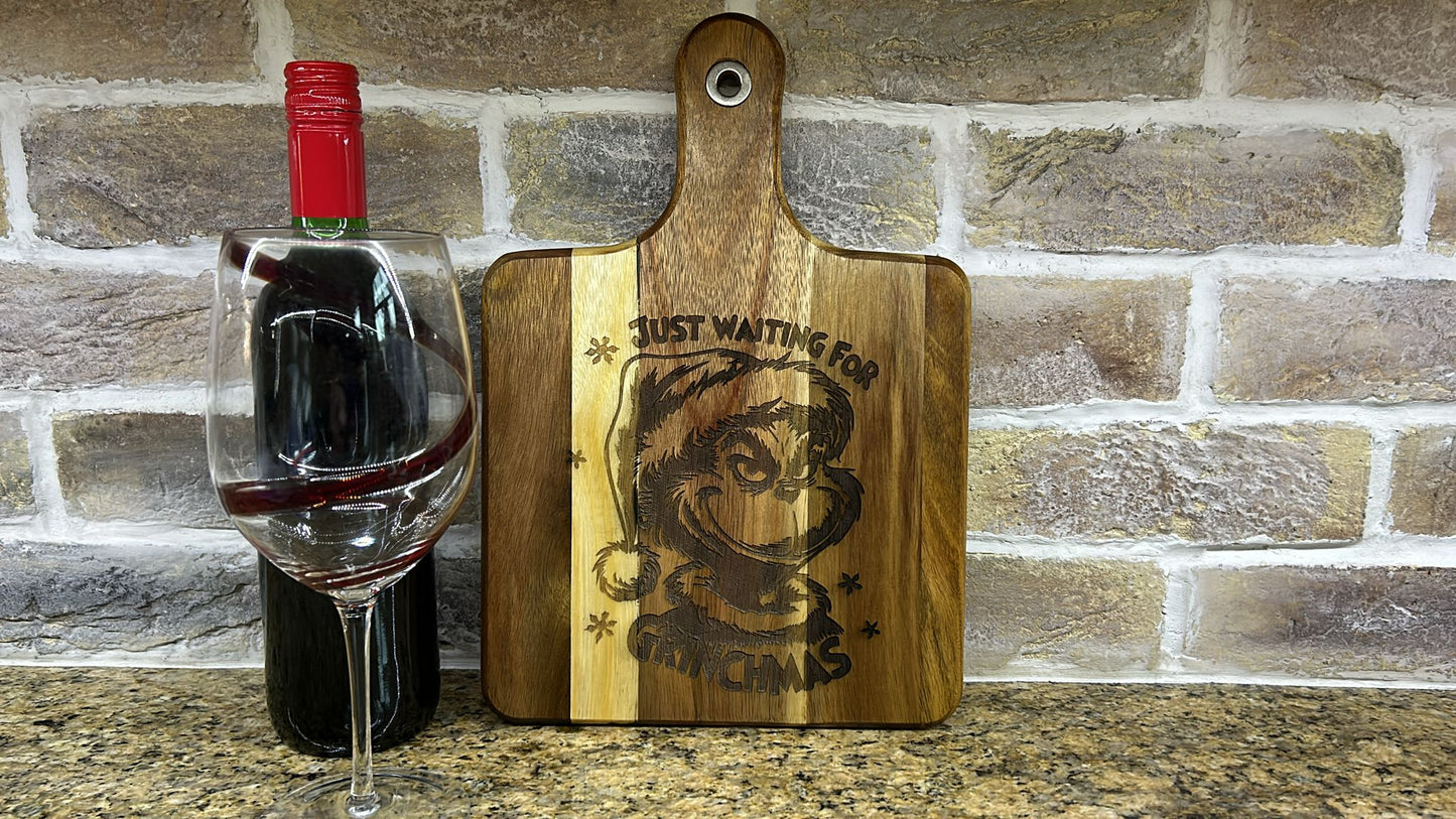 ‘Just Waiting for Grinchmas’ Engraved Wooden Board