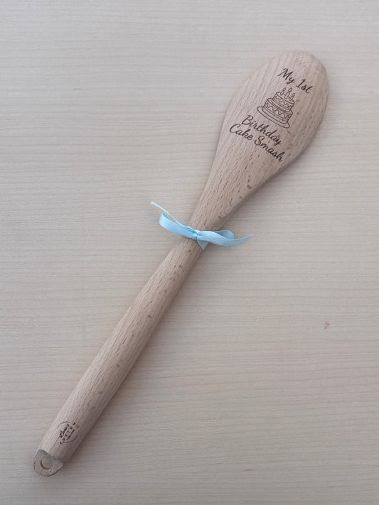 First Birthday Cake Smash Wooden Spoon | Engraved Keepsake with Ribbon – Pink, Purple, Green or Blue