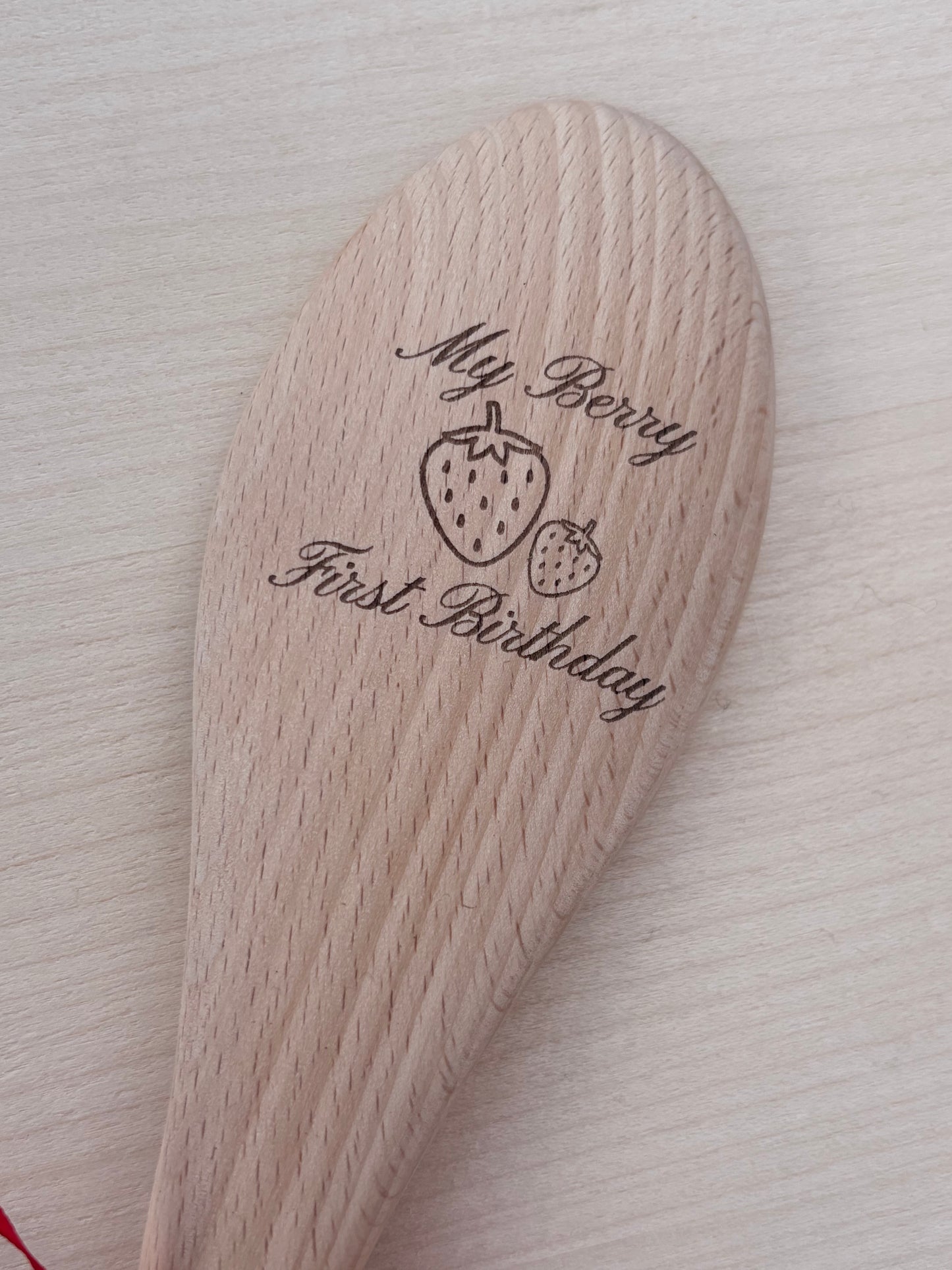 My Berry First Birthday Engraved Wooden Spoon | Strawberry Design Keepsake with Red Ribbon