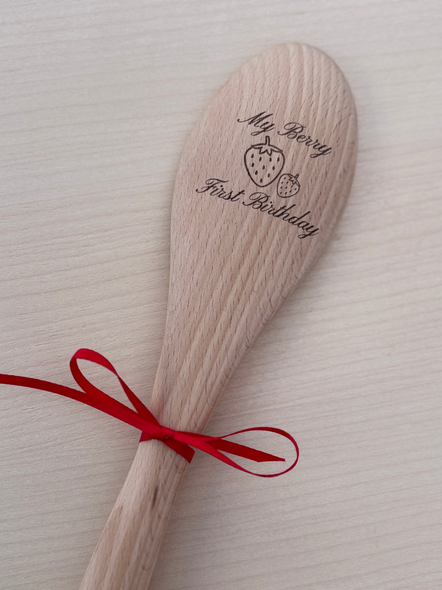 My Berry First Birthday Engraved Wooden Spoon | Strawberry Design Keepsake with Red Ribbon