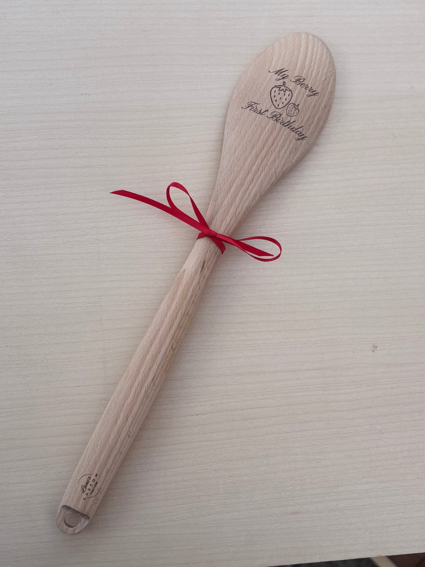 My Berry First Birthday Engraved Wooden Spoon | Strawberry Design Keepsake with Red Ribbon