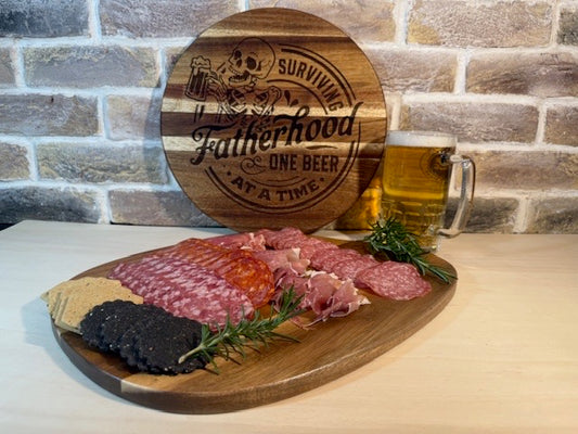 Engraved Acacia Wooden Board/Sign – “Surviving Fatherhood One Beer at a Time”